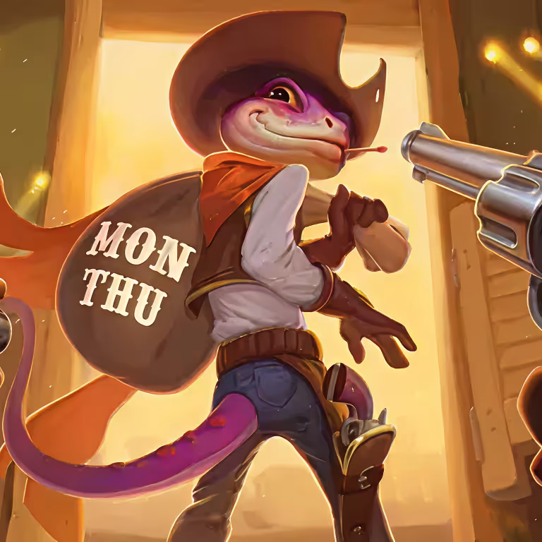 Lizaro Casino Cowboy-Maskottchen mit Wochentagen-Münzsack – Illustration für tägliche Boni und Promotionen