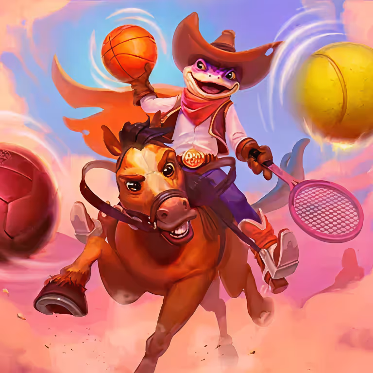Lizaro Casino Cowboy auf Pferd mit Tennis- und Basketballsymbolen – visuelles Motiv für Sportwetten und Casino-Spiele