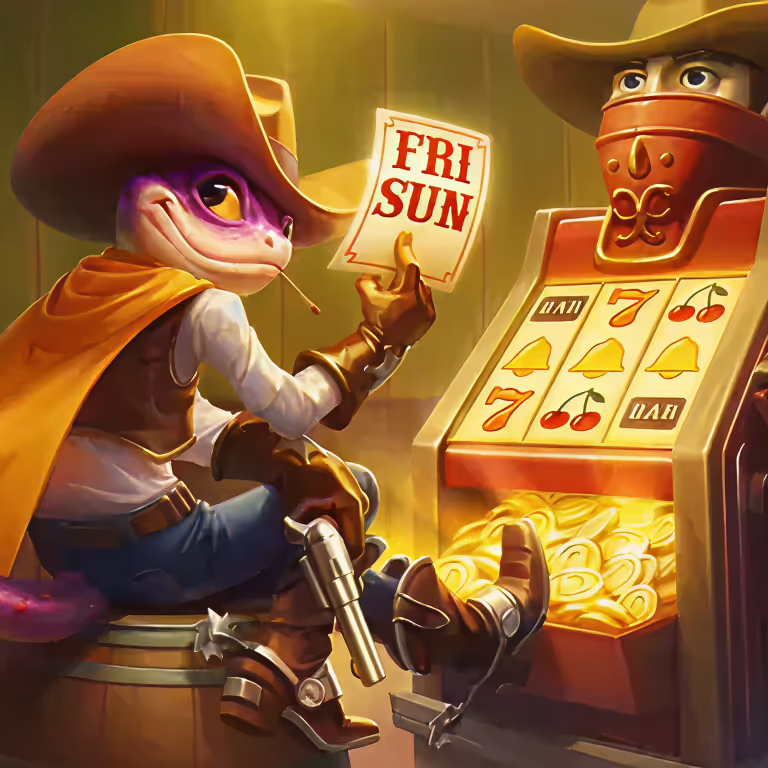 Lizaro Casino Cowboy neben Slot-Maschine mit Wochenendbonus – Illustration für Freitags- und Sonntagsaktionen